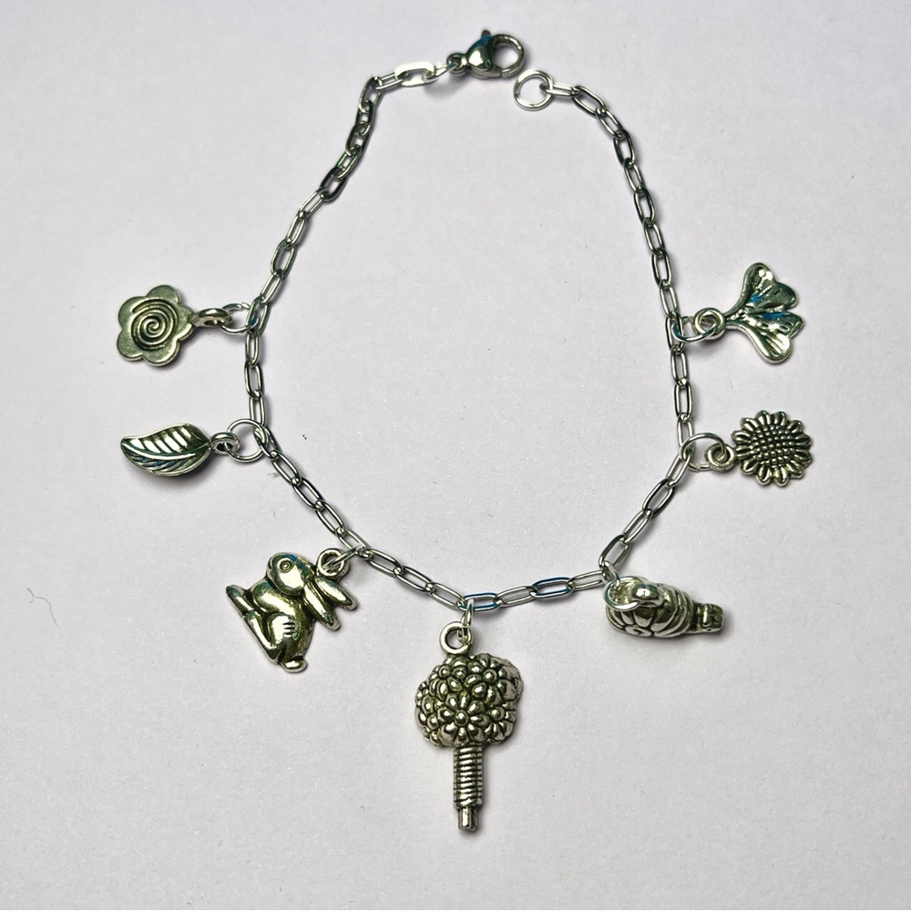 Summer Bunny Handmade charm bracelet with vintage 90s charm Rose Snail Bouquet